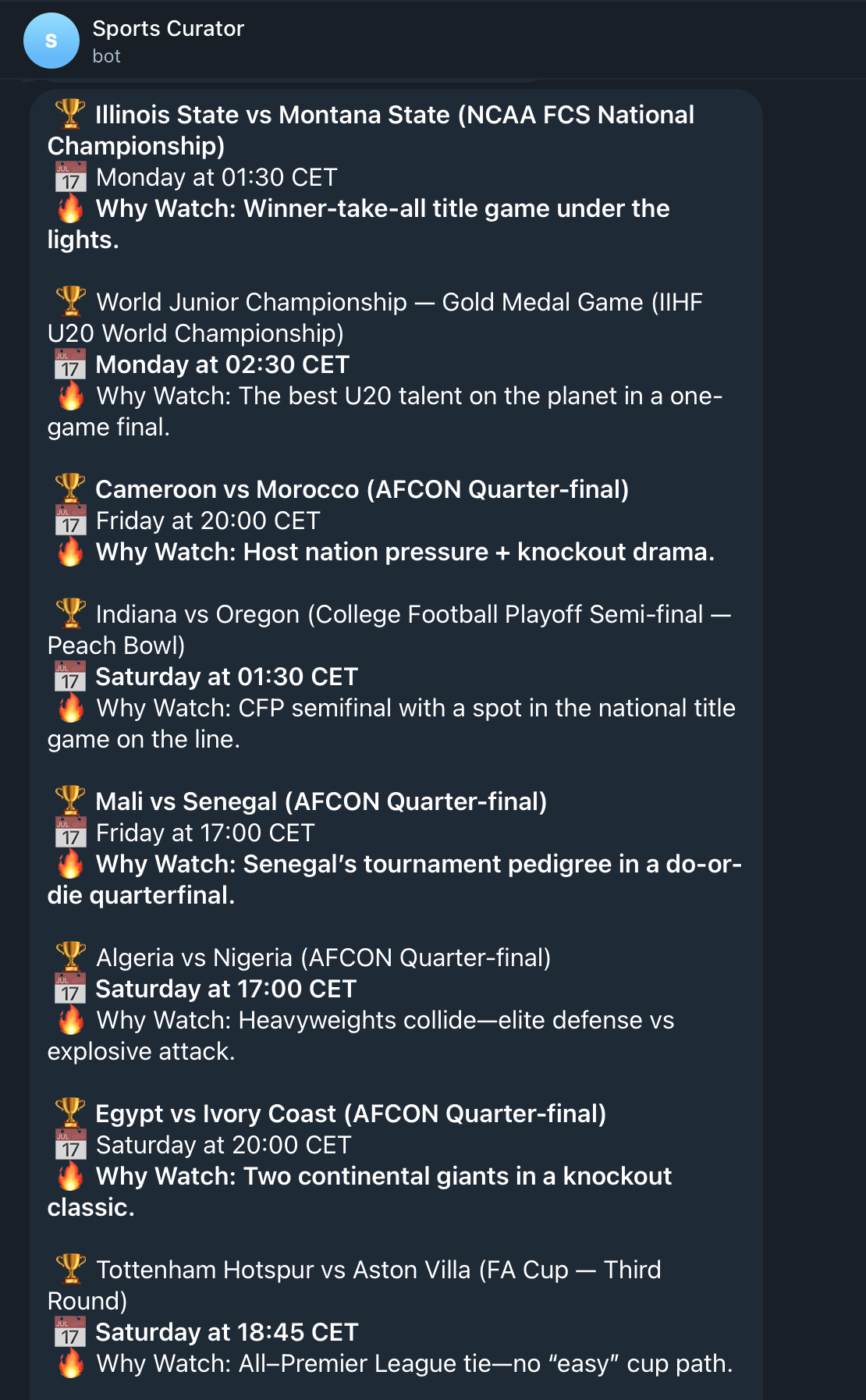 Telegram bot showing curated sports results